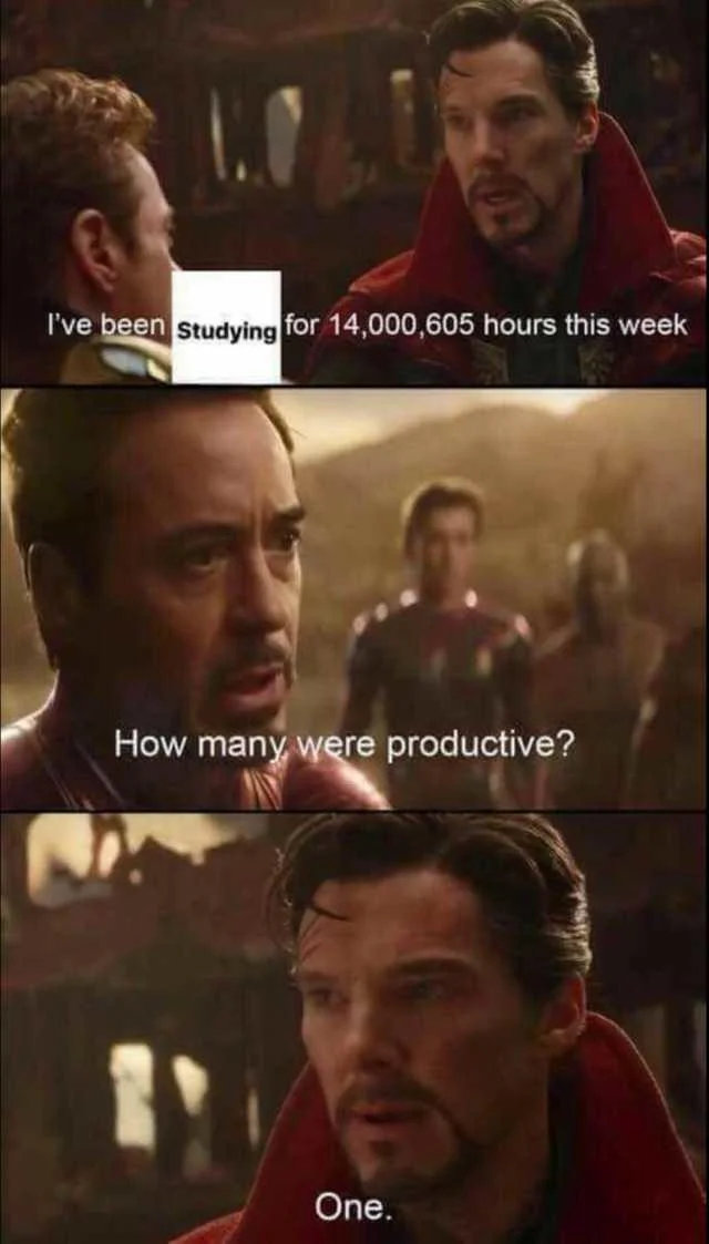 A 'studying' variant of the 14,000,605 futures meme, where only one hour of the week is productive.