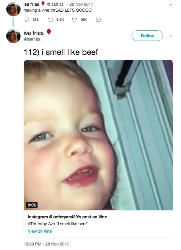 The 'i smell like beef' Vine as shared in @isafrias_'s widely circulated 2017 Twitter Vine thread.