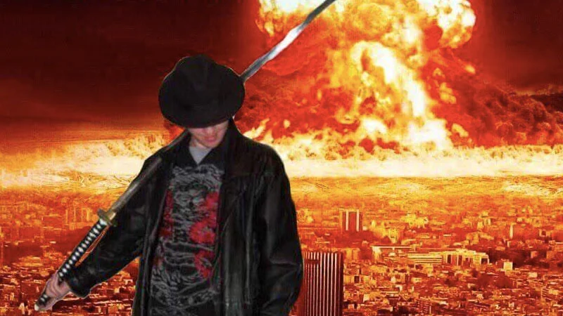 The signature composite image of the 'I Studied the Blade' meme, featuring a katana-wielding figure standing before a burning cityscape.