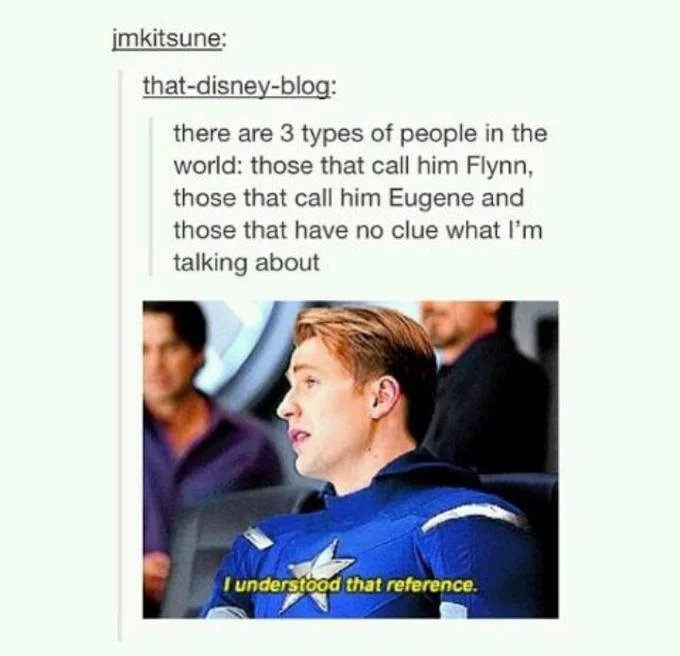 A Tumblr crossover post combining the Flynn Rider naming debate from Tangled with Captain America's approval of the reference.