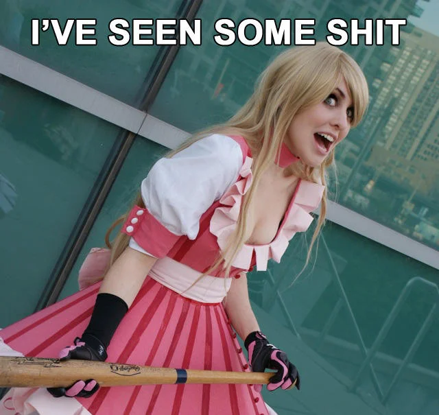 A cosplayer's startled expression turns into an 'I've Seen Some Shit' meme.