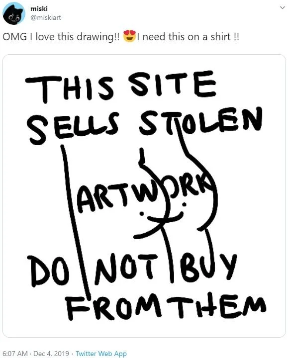 Multiple bootleg t-shirt storefronts caught listing the bot-bait warning image as a genuine product for sale.