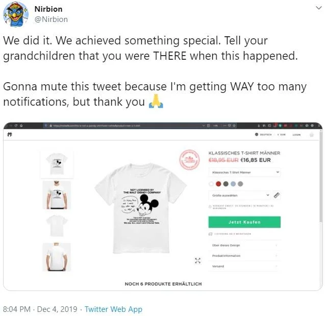 Hannah Douken's original December 3, 2019 tweet inviting people to bait bootleg bots into printing a warning message on shirts.