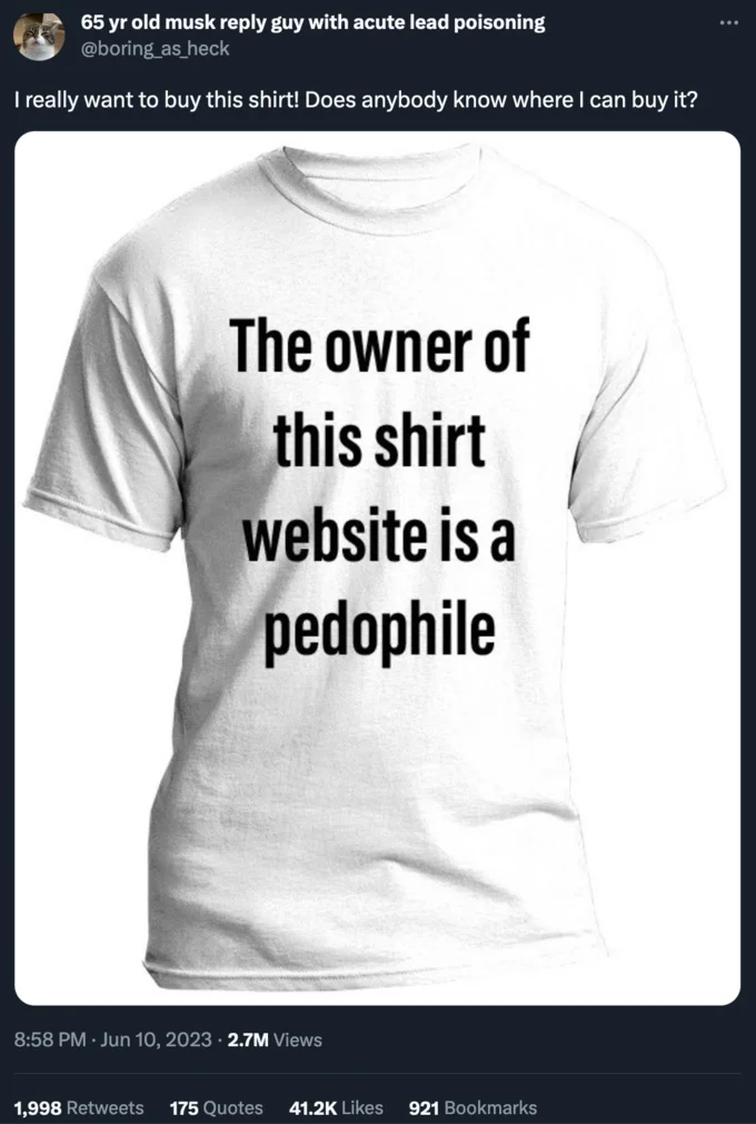 A 2023 revival of the bot-bait format asking bootleg shops to print a defamatory shirt worn by Patton Oswalt.