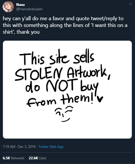 Artist Rob Schamberger's December 2019 tweet warning that bot accounts scrape 'I want this on a shirt' replies to bootleg the art.