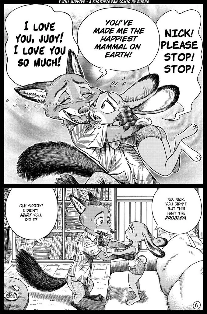 Nick's overjoyed reaction turns tense as Judy pulls away in Borba's 'I Will Survive' comic.