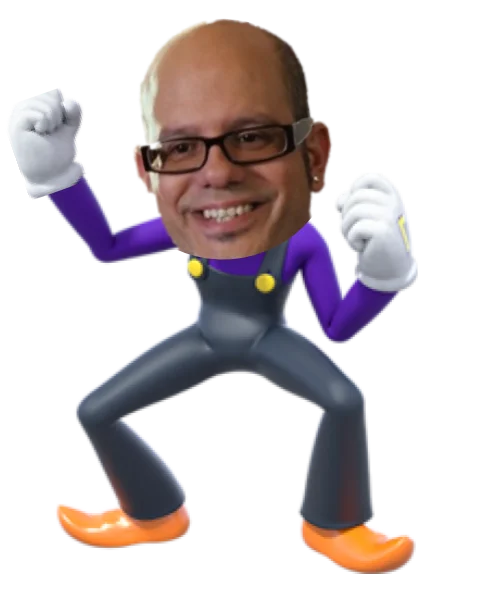 A photoshop mashup of Ian Hawke's face on Waluigi's body, typical of the character's absurd remix edits.