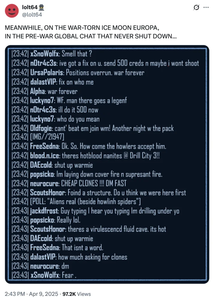 Community roleplay server logs from participants.