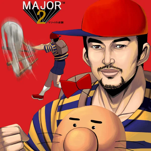 Manga-style parody fan art referencing baseball culture, riffing on the 'MAJOR 2' logo.