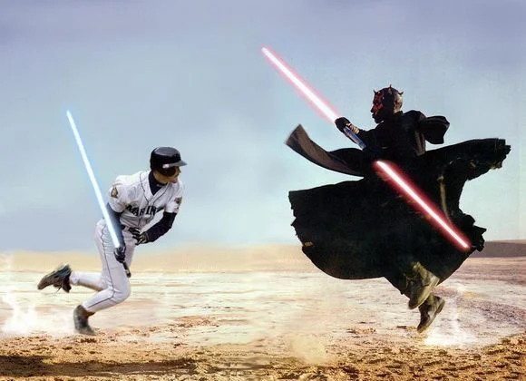 Fan-made photoshop pitting Ichiro Suzuki against Darth Maul in a Star Wars-style lightsaber duel.