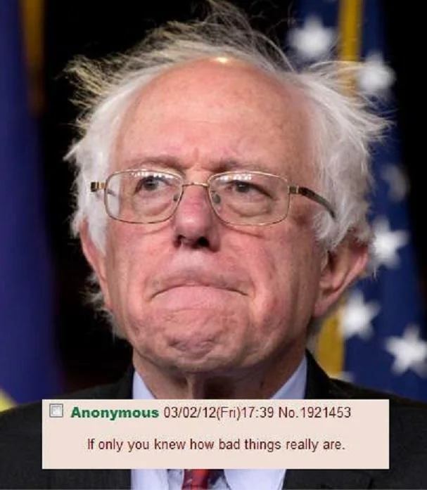 A political variant of the meme replacing JFK with a grim-faced Bernie Sanders.