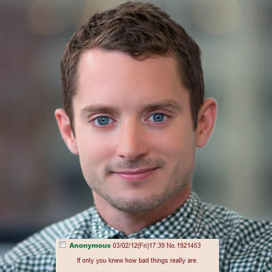 Elijah Wood variant of the meme, swapping the classic JFK photo for the actor's smiling portrait.