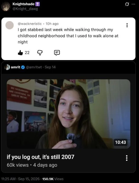 A stacked-quote reply juxtaposing a story about neighborhood violence with the meme to counter the nostalgic premise.