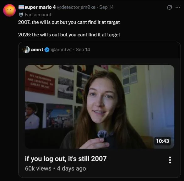 A joke quote-reply agreeing with the meme by pointing out that Wii console shortages at Target are timeless.