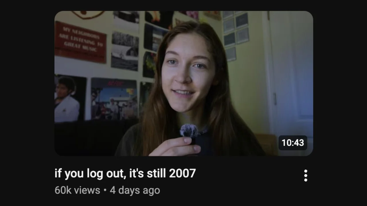 The original YouTube video thumbnail from amritwt titled 'if you log out, it's still 2007', which became the basis for the meme format.