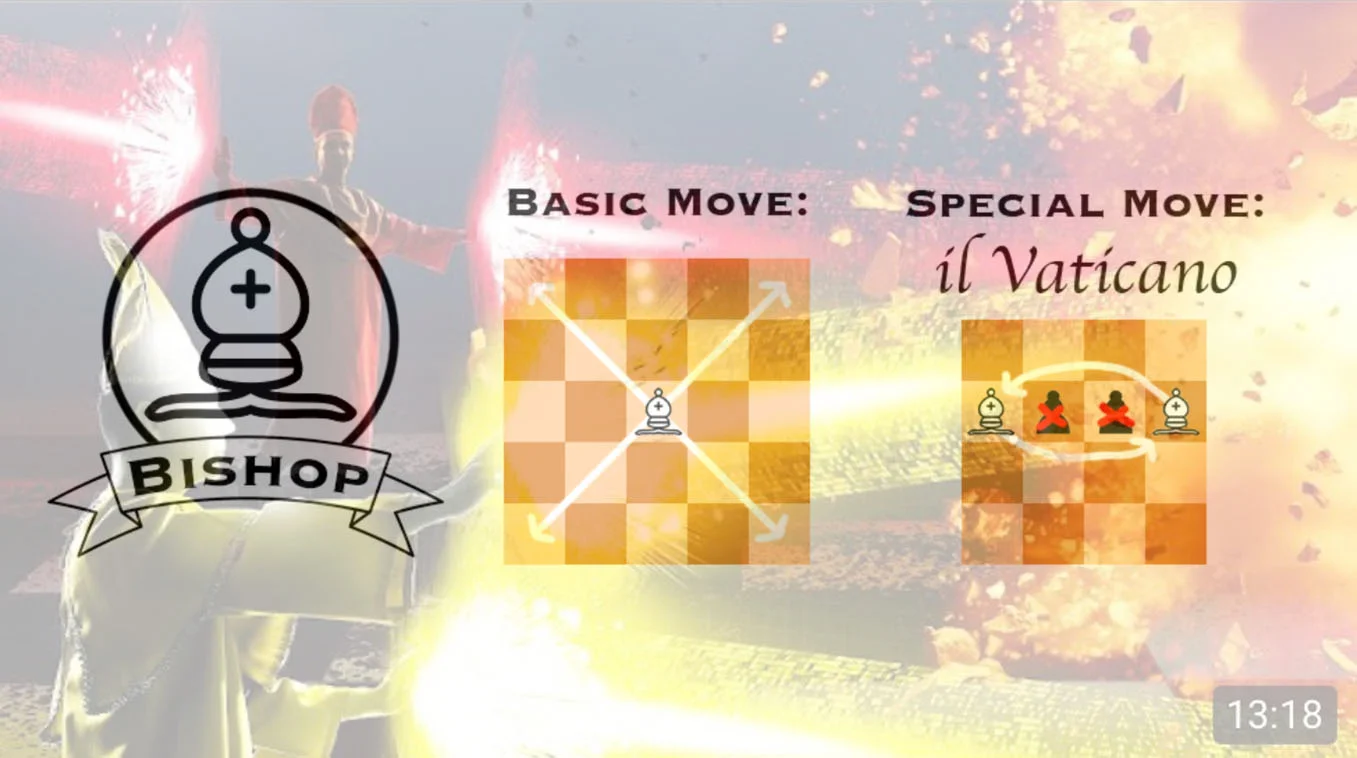 Title card explaining the fictional 'il Vaticano' chess move, in which two bishops swap positions while capturing two enemy pawns between them.