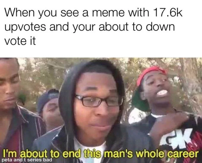 A Reddit-flavored variant referencing common karma-farming topics like PETA and T-Series.