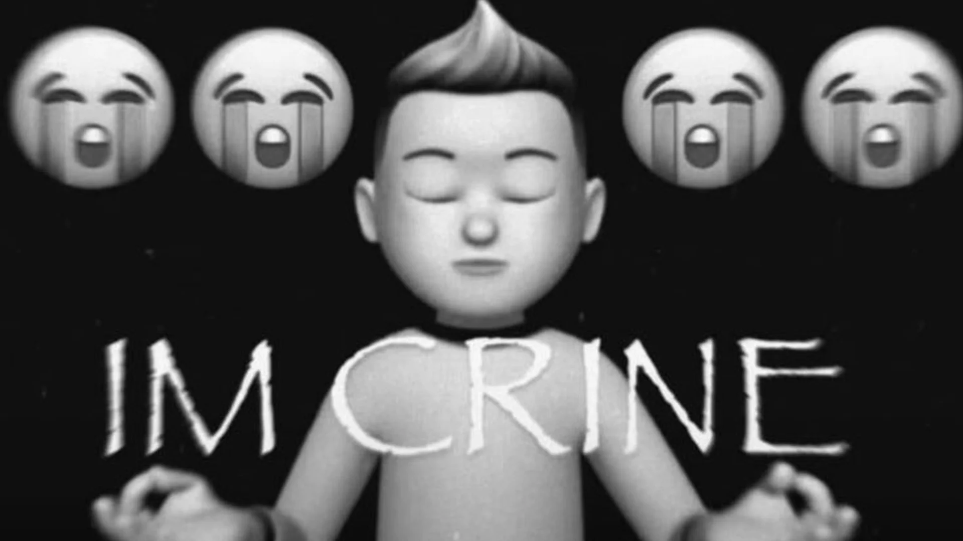 The signature 'IM CRINE' visual pairing a serene Memoji boy with wailing emojis, used as the meme's iconic entry image.
