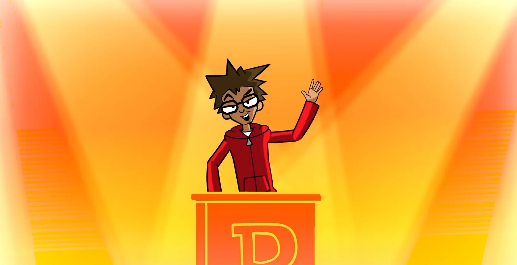 A screenshot of the animated character whose confident wave and game-show-style podium pose became the source of the 'I'm Feeling Tremendous' meme.