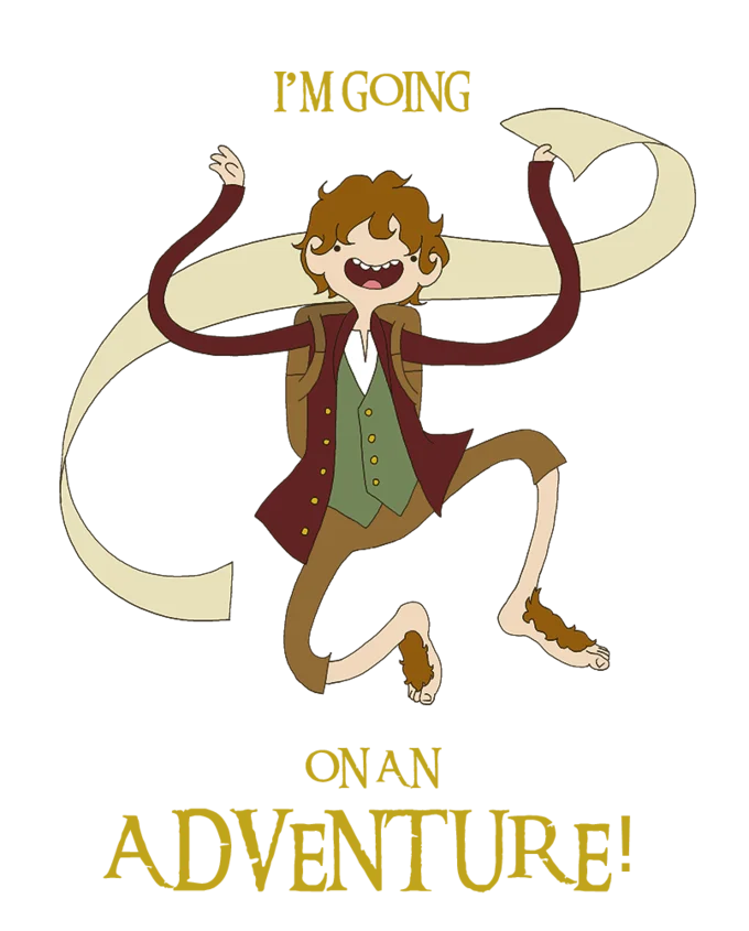 Fan-made cartoon illustration of Bilbo Baggins celebrating the start of his journey, echoing the meme's catchphrase.