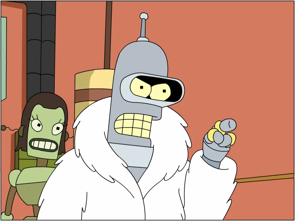 The source Futurama scene of Bender declaring he will make his own theme park, from which the 'blackjack and hookers' catchphrase originated.