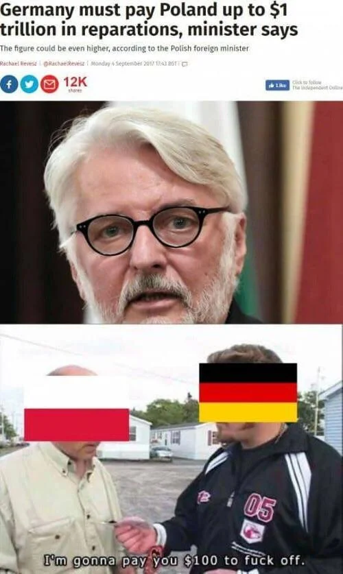 Political commentary using the meme to satirize Poland's demands for WWII reparations from Germany.