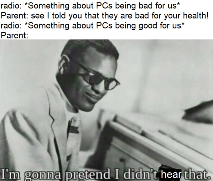 A variation of the meme where the wording is changed from 'see' to 'hear' to fit a joke about a parent's selective listening to radio segments.