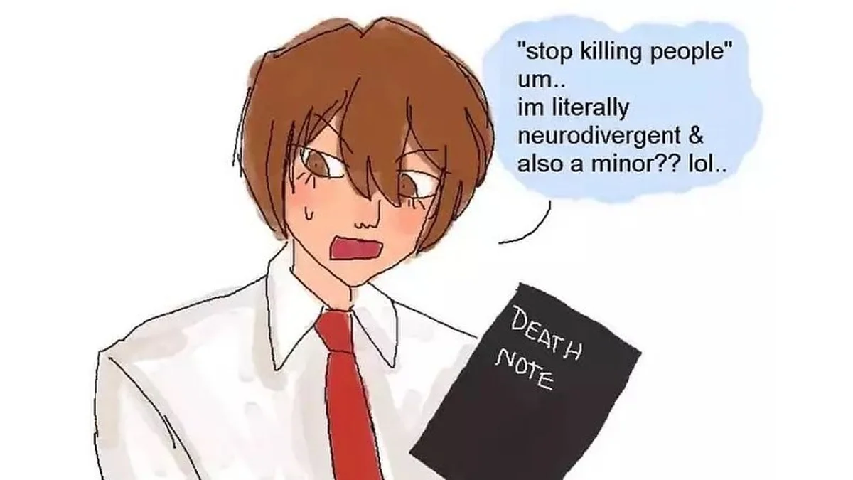 The original cover image for the 'I'm Literally Neurodivergent and a Minor' meme, featuring Light Yagami using the phrase to deflect criticism for killing people.