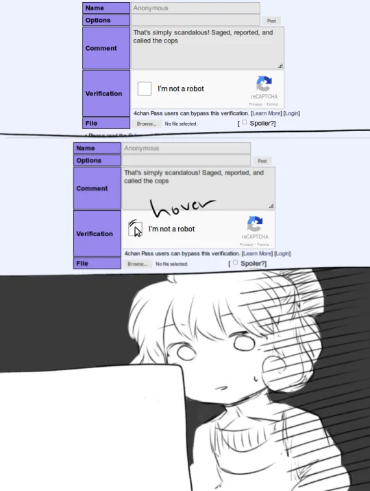 An anime-styled comic depicting the futile attempt to sign the reCAPTCHA checkbox.