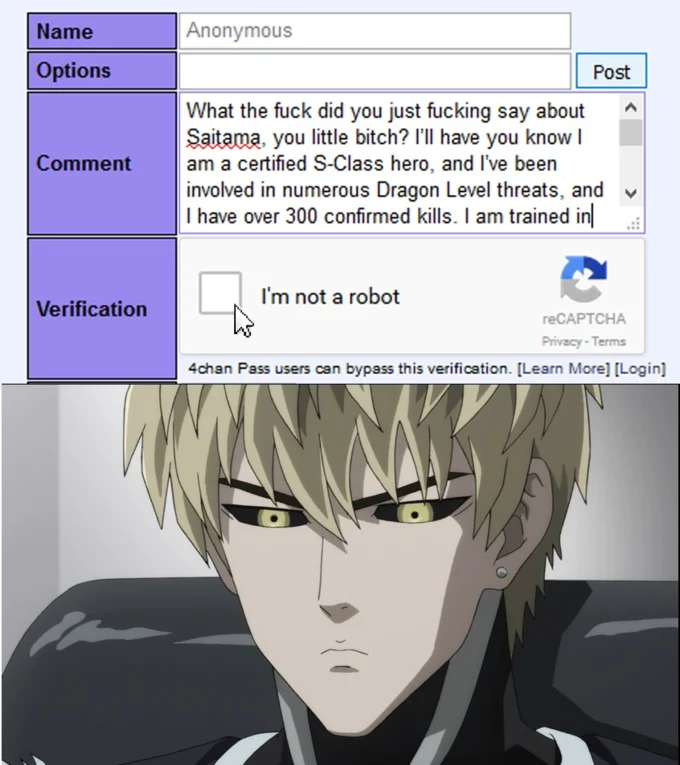 Genos from One-Punch Man confronts the 'I'm not a robot' CAPTCHA in a copypasta-fueled reaction meme.