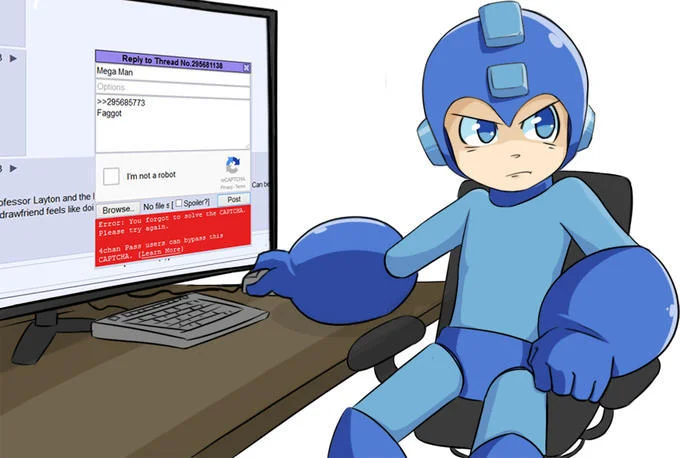 Mega Man struggles to prove he is not a robot on 4chan, a common joke about the CAPTCHA meme.