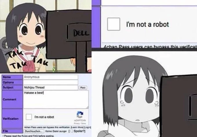 Nano from Nichijou, a secret android, faces the 'I'm not a robot' CAPTCHA in this fan-made collage.