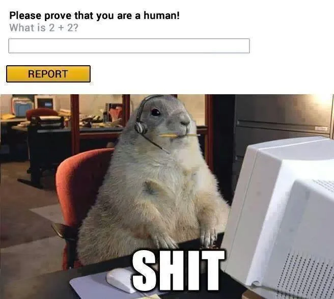A humorous take on CAPTCHA anxiety, using the classic office prairie dog reaction image.