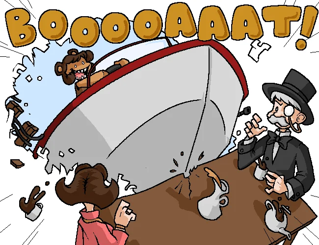 A cartoon illustration exaggerating the 'I'm on a boat' shout as a boat literally crashes into a formal dinner.