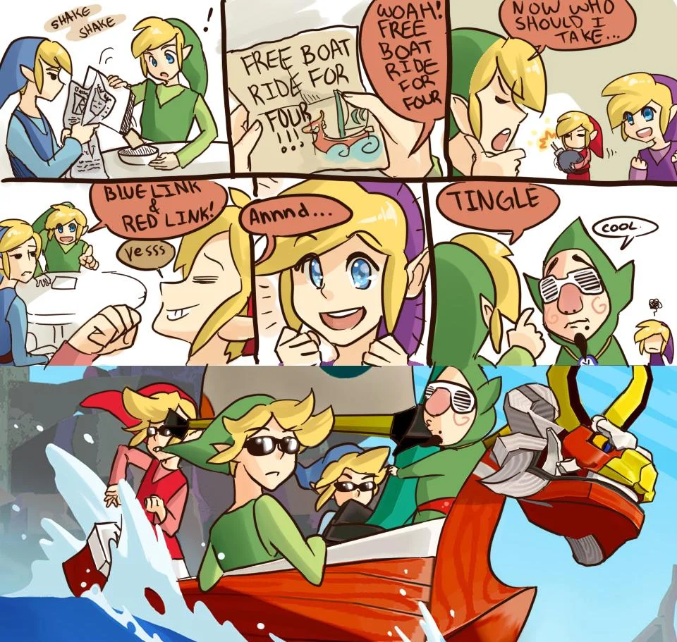 A Zelda fan comic riffing on the meme, showing Link characters and Tingle heading off on a free boat ride.