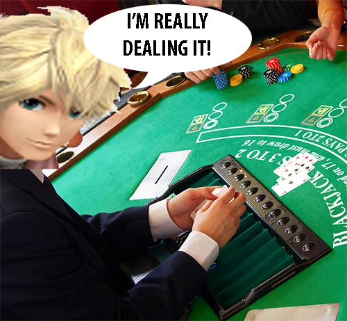 A punny 'I'm Really ___ing It' variant featuring Shulk as a casino blackjack dealer.