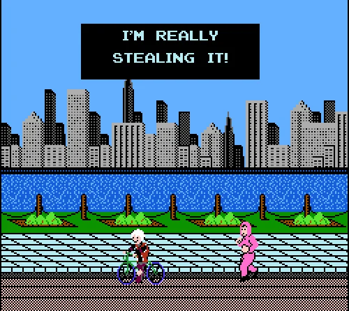 An 8-bit style edit riffing on the Shulk catchphrase with a 'stealing it' pun on a billboard.