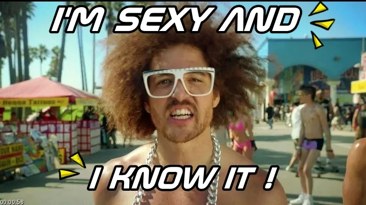 A still from LMFAO's 2011 music video for 'Sexy and I Know It', featuring Redfoo strolling shirtless along Venice Beach — the visual most associated with the meme.