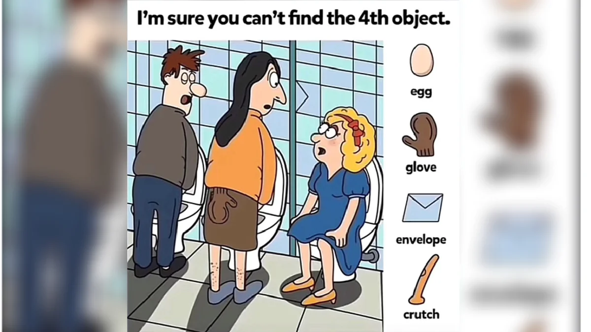 Cover image of the 'I'm sure you can't find the 4th object' meme featuring a cartoon bathroom scene with a hidden-object legend.