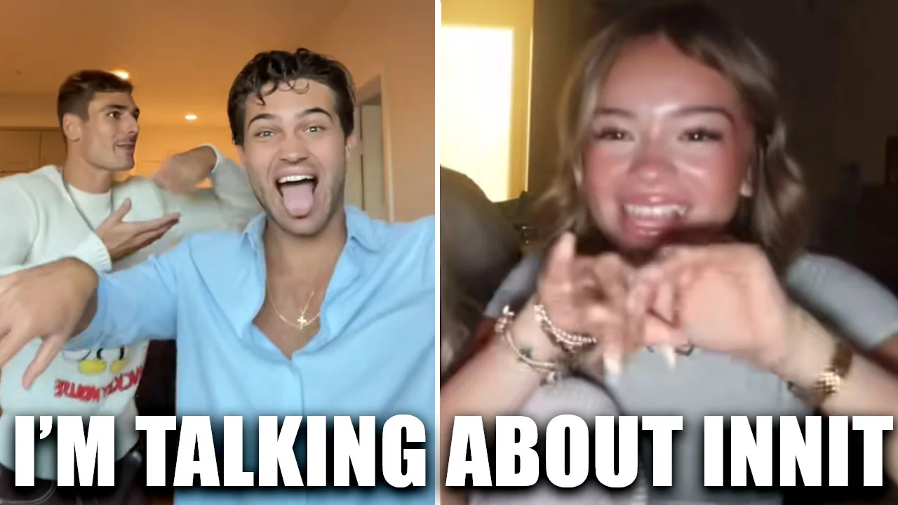 Split-screen TikTok compilation featuring the viral 'I'm talking about innit' catchphrase, showing the animated reactions that popularized the phrase online.