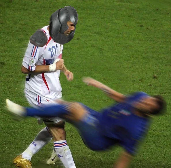 A photoshop mashup dubbed 'Zidanaut' combining Zidane's famous World Cup headbutt with the Juggernaut helmet.