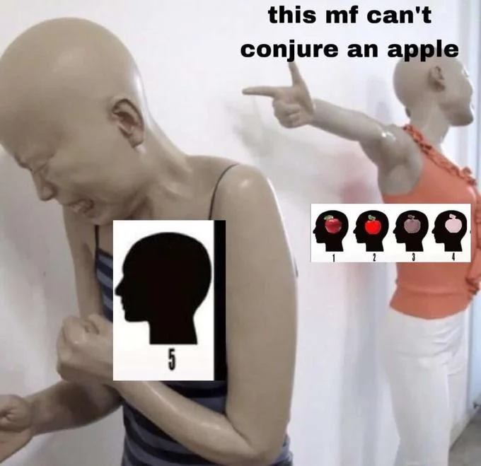 A popular reaction meme using the aphantasia apple visualization scale, mocking those unable to mentally conjure a clear image of an apple.