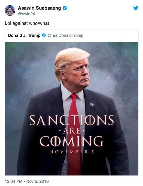 A journalist's dismissive reply to Trump's 'Sanctions Are Coming' tweet, one of many mocking reactions the image inspired.