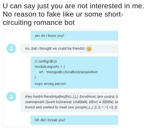 A viral chat screenshot exposing a romance bot after it leaks code snippets and unfilled message templates.