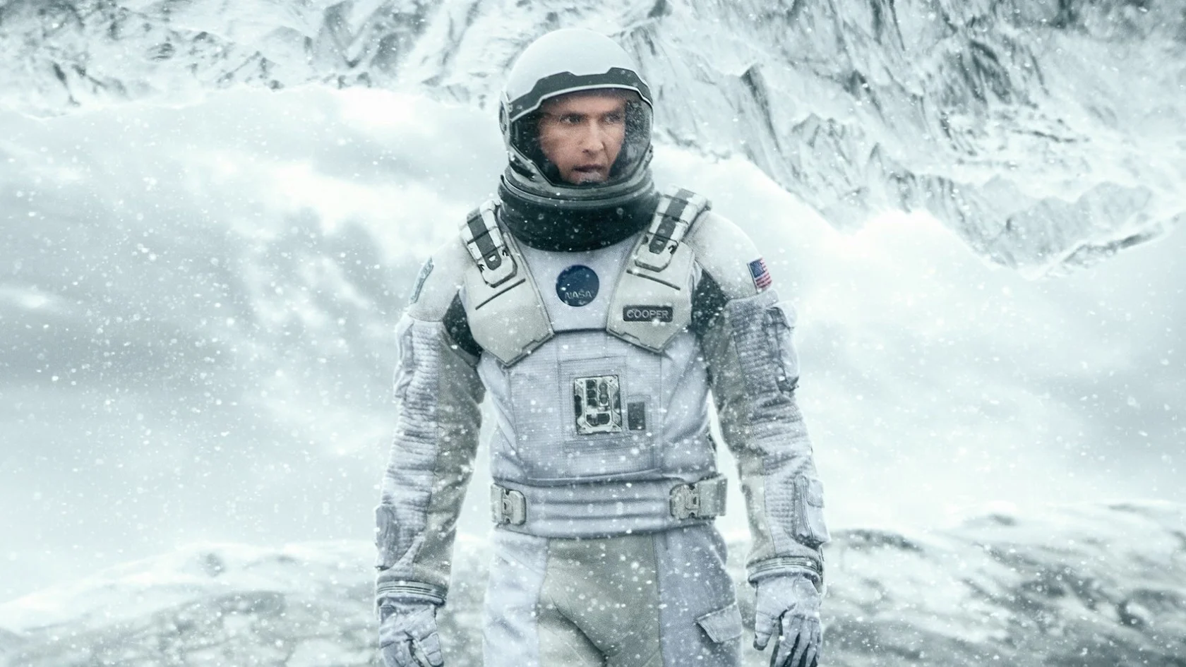Matthew McConaughey as Cooper on the frozen surface of Mann's planet in Christopher Nolan's Interstellar (2014).