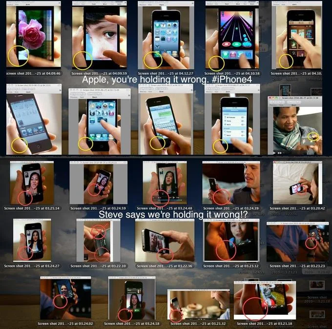 A crowdsourced collage of iPhone 4 owners demonstrating how holding the phone across the antenna gap causes signal loss.