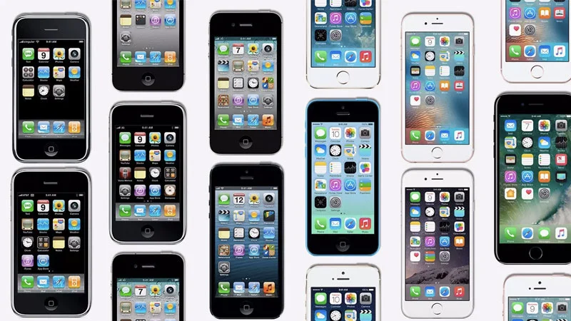 A lineup of iPhone generations, showcasing Apple's flagship smartphone evolution over the years.