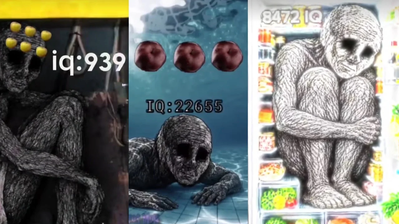 A triple-panel cover image showcasing the IQMaxx wojak edit aesthetic, featuring hatched-sketch wojak figures with blacked-out eyes paired with absurdly high IQ scores.