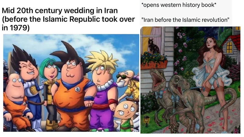 Multi-panel parody of Western historical narratives.