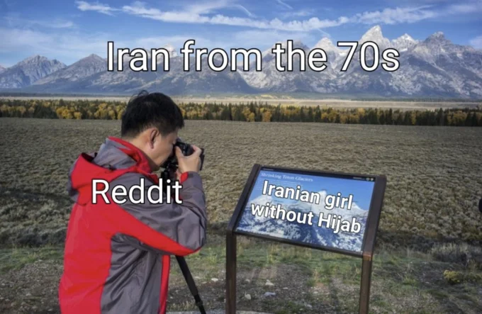 Parody of Western tourism depictions.